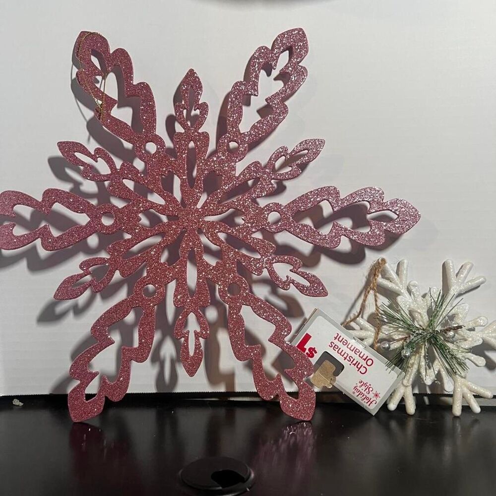 12" Pink Glittery Snowflake Wall Hanging Holiday Ornament & White Snowflake Set